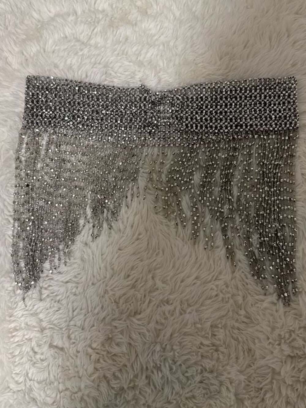 Silver Beaded Rhinestone Fringe Statement Chain Belt Skirt Overlay